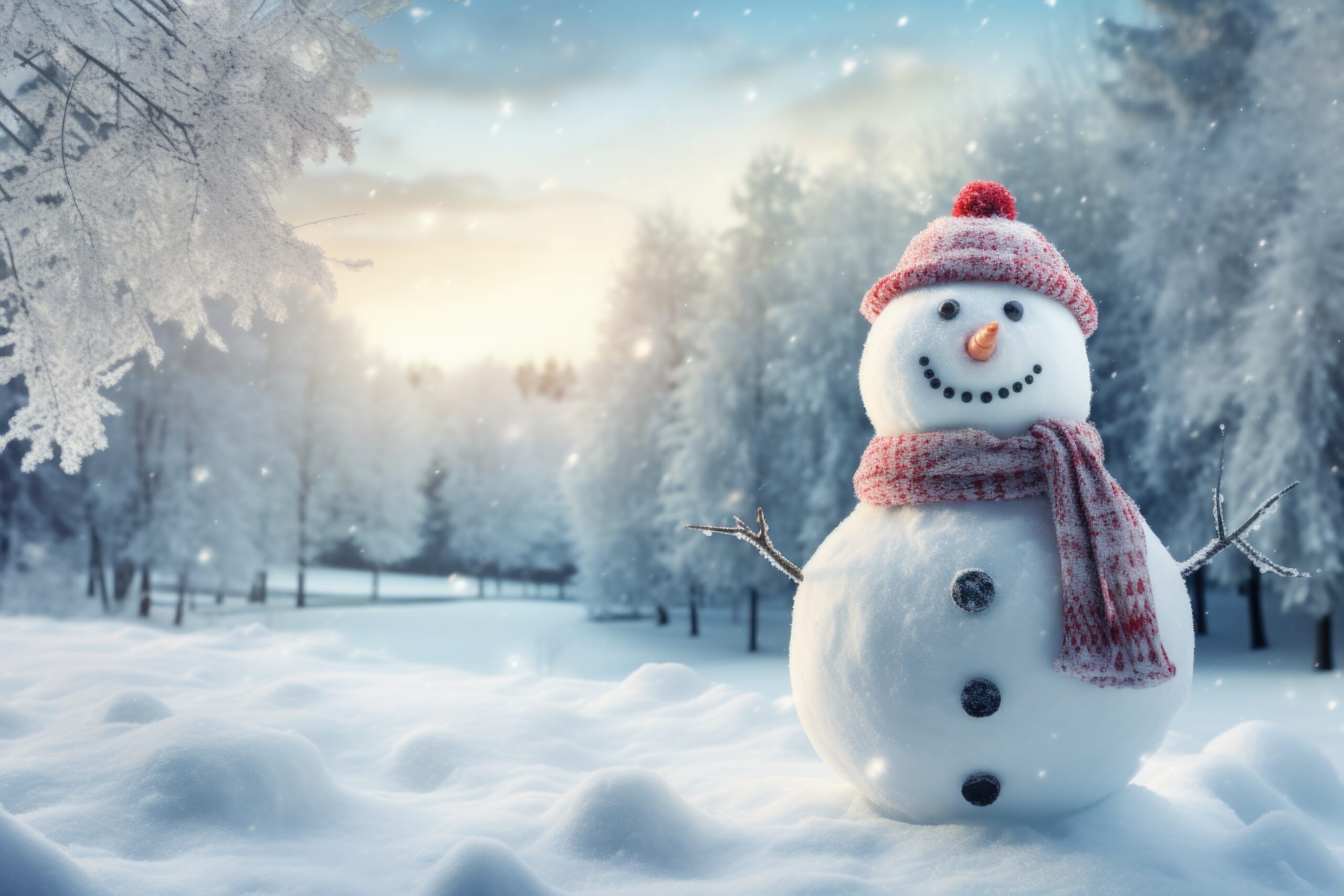 A smiling snowman in a winter landscape.