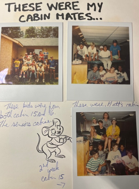 Polaroid images from a scrapbook showing Matthew and his cabin mates.