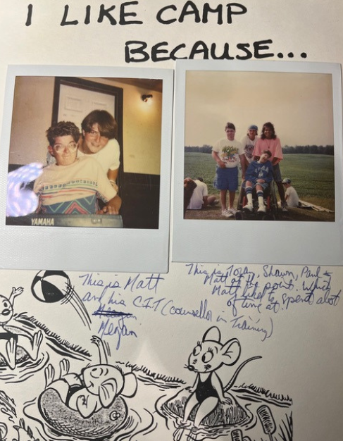 A page from Matthew's camp scrapbook titled "I like camp because" with two Polaroid images of him and his friends.